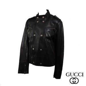GUCCI Black Leather Biker Jacket Button Closure